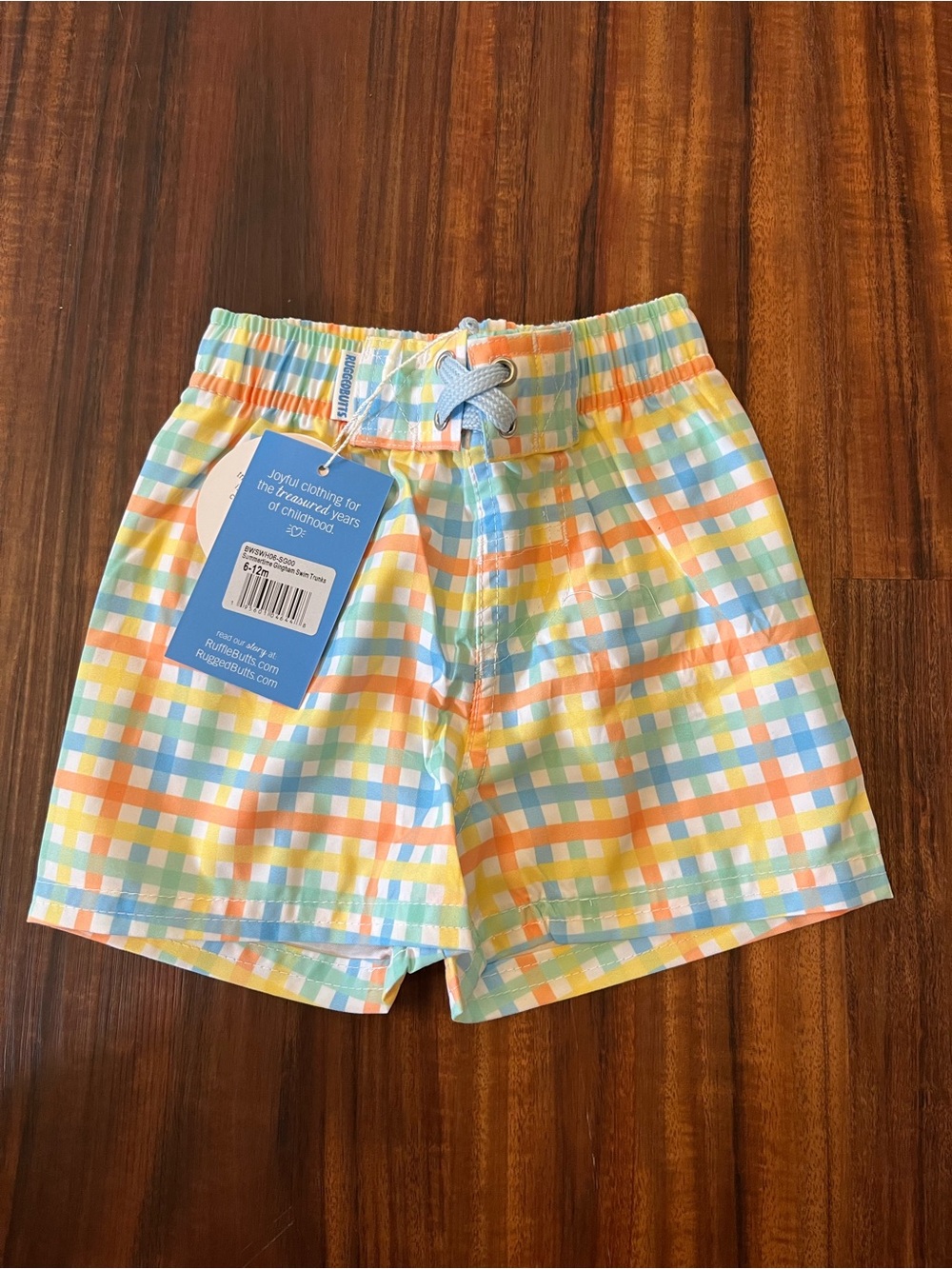 NWT RuggedButts Summertime Gingham Swim Trunks Size 6-12m